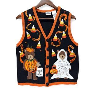 Vtg 90s Halloween Vest Womens M Embroidered Teddy Ghost Pumpkin Teacher Grandma